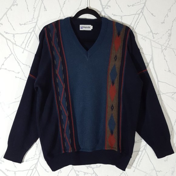Kilspindie of Scotland VTG Wool Blend Geometric Knit V-Neck Sweater - Picture 1 of 4